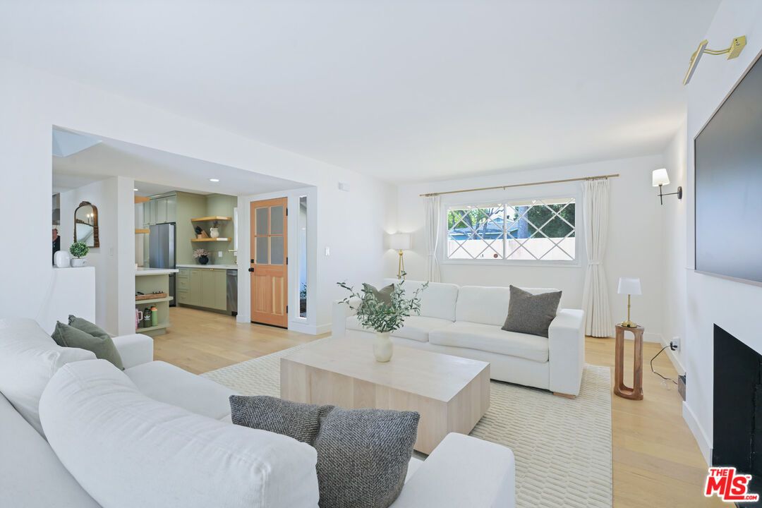 Fireplace, Interior, Kitchen, Living room, Recessed Lighting, Wood Texture Flooring