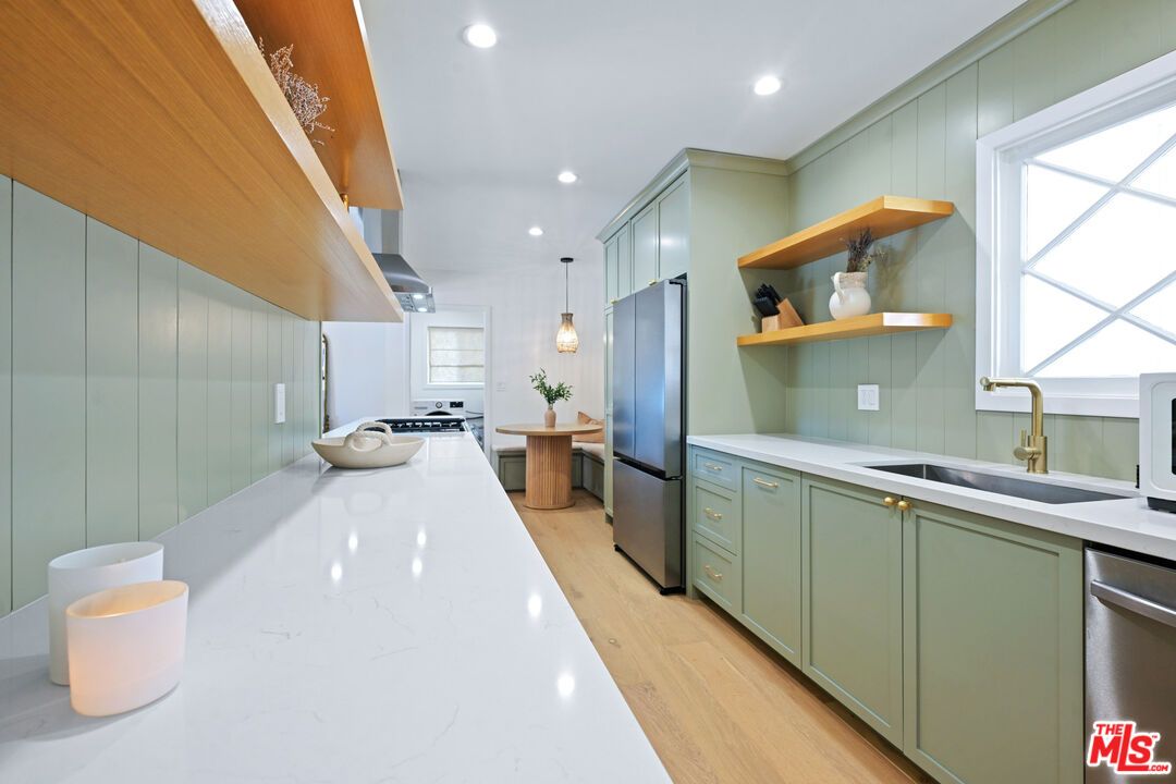 Interior, Kitchen, Pendant Lights, Recessed Lighting, Stainless Steel Appliances, Wood Texture Flooring