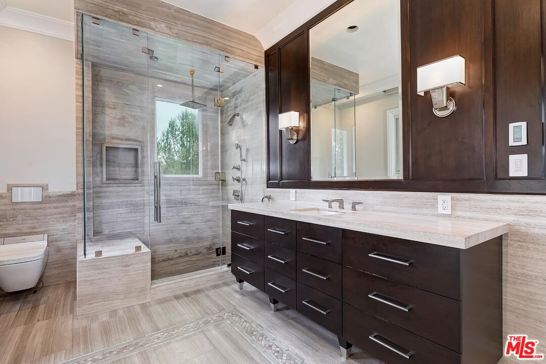Bathroom, Dual Sink Vanities, Glass Shower, Interior, Wood Texture Flooring