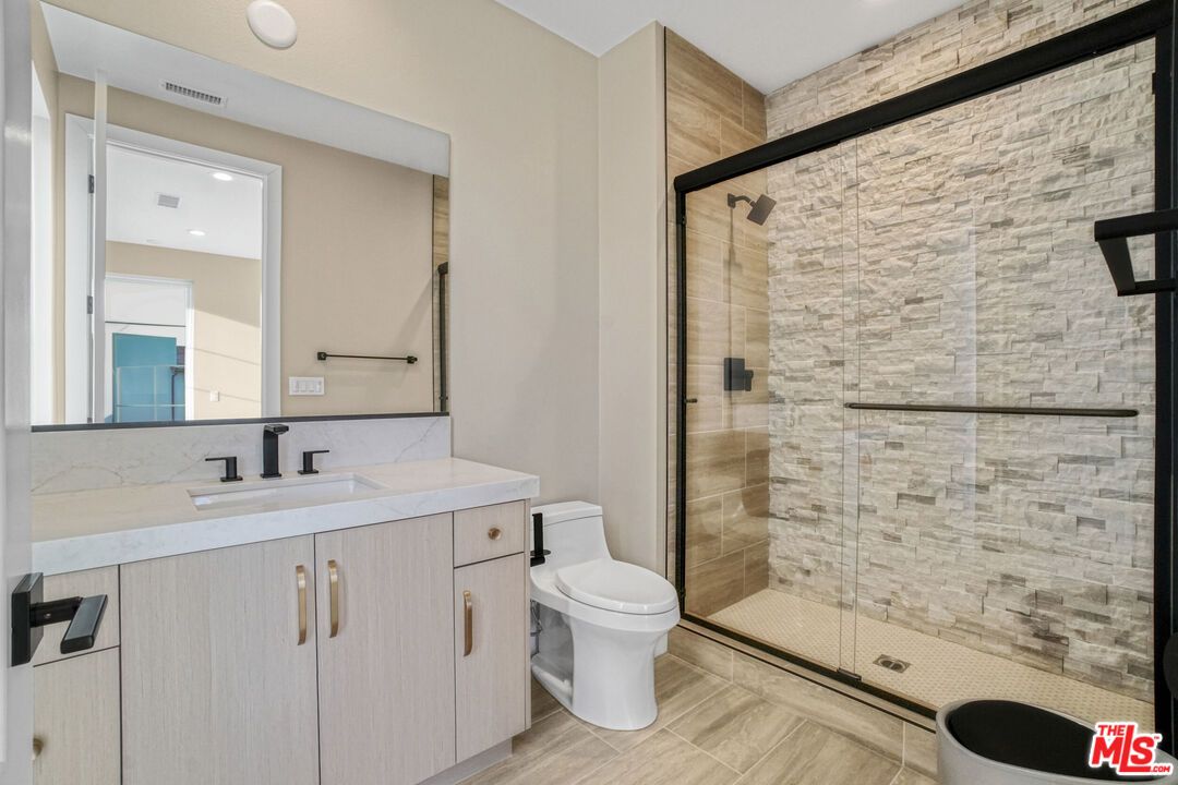 Bathroom, Glass Shower, Interior, Recessed Lighting, Wood Texture Flooring