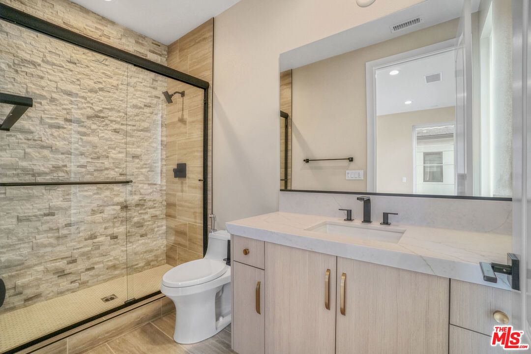 Bathroom, Glass Shower, Interior, Recessed Lighting, Wood Texture Flooring