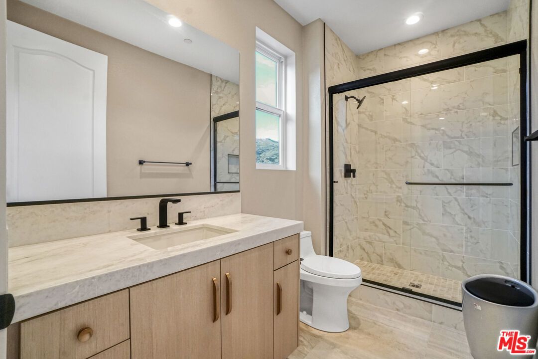 Bathroom, Glass Shower, Interior, Marble Walls, Recessed Lighting, Wood Texture Flooring