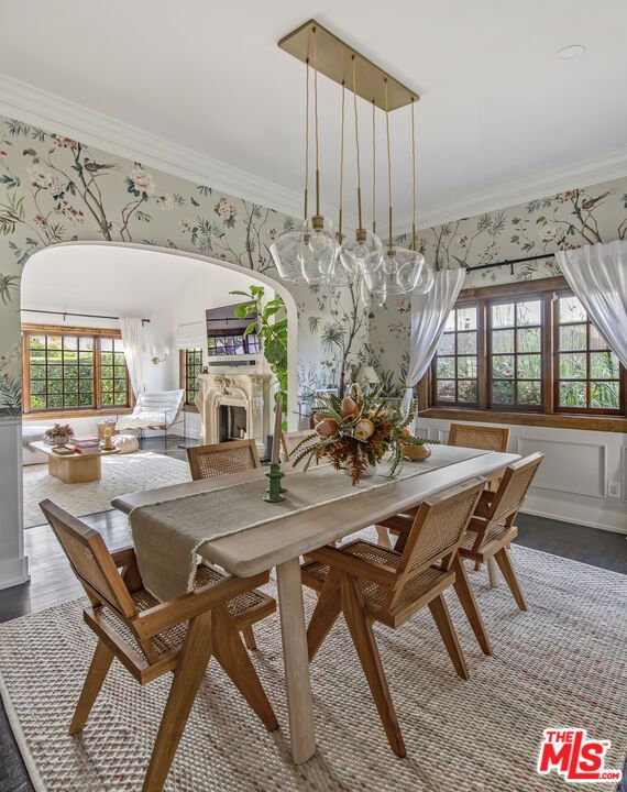 Dining room, Fireplace, Interior, Living room, Pendant Lights, Wood Texture Flooring