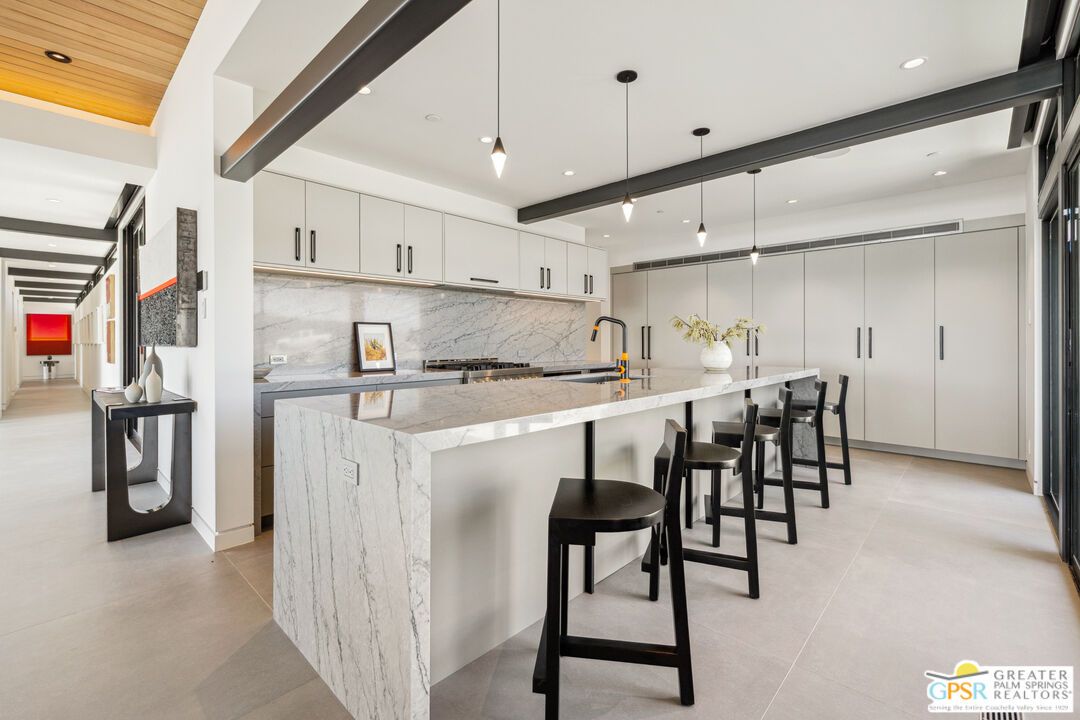 Interior, Kitchen, Marble Walls, Pendant Lights, Recessed Lighting, Stainless Steel Appliances, Wooden Ceilings