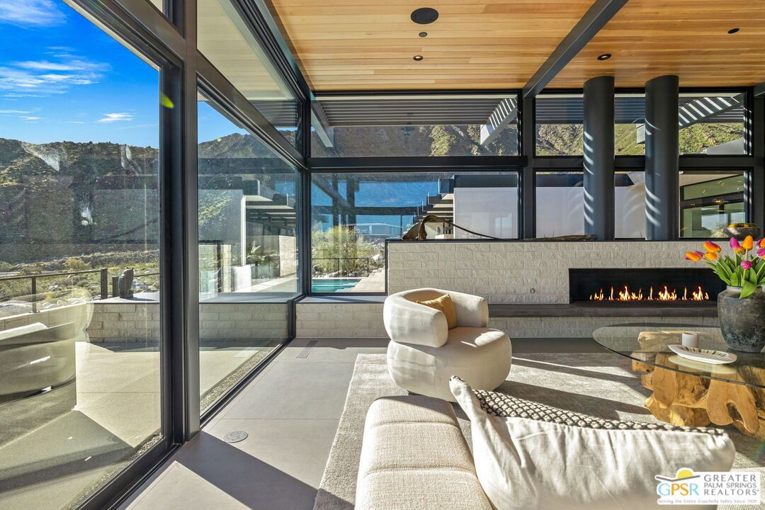 Fireplace, Interior, Living room, Recessed Lighting, Sun Room, Wooden Ceilings