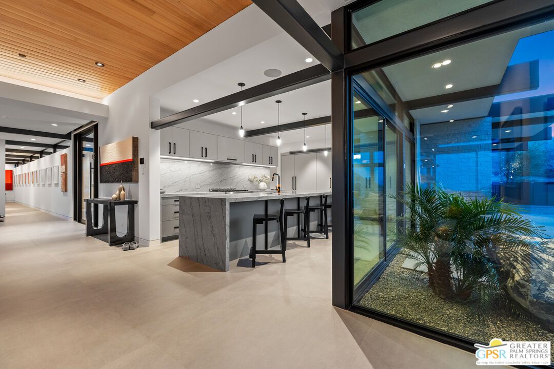 Interior, Kitchen, Marble Walls, Pendant Lights, Recessed Lighting, Wooden Ceilings