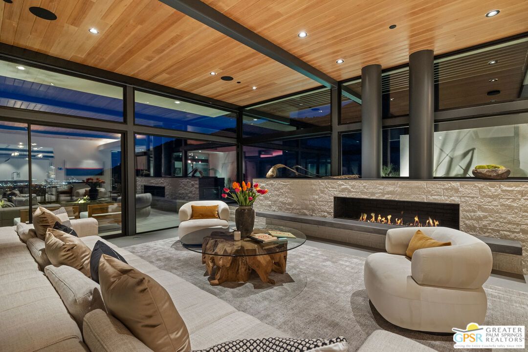 Fireplace, Interior, Living room, Recessed Lighting, Wooden Ceilings