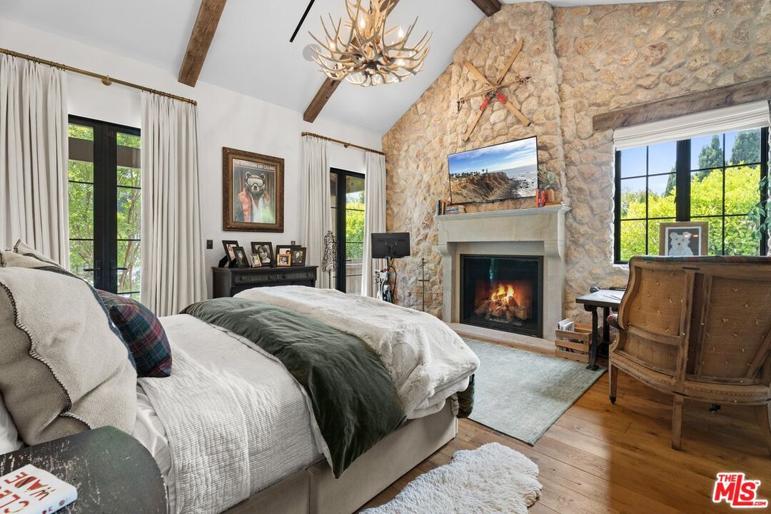 Bedroom, Fireplace, Interior, Pendant Lights, Stone Walls, Wooden Beams, Wood Texture Flooring
