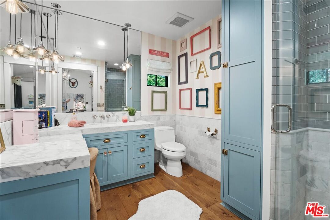 Bathroom, Glass Shower, Interior, Pendant Lights, Recessed Lighting, Wood Texture Flooring