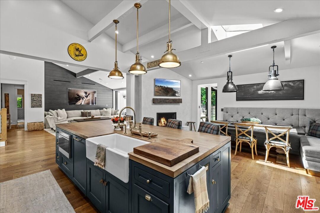 Dining room, Fireplace, Interior, Kitchen, Living room, Pendant Lights, Recessed Lighting, Wood Texture Flooring