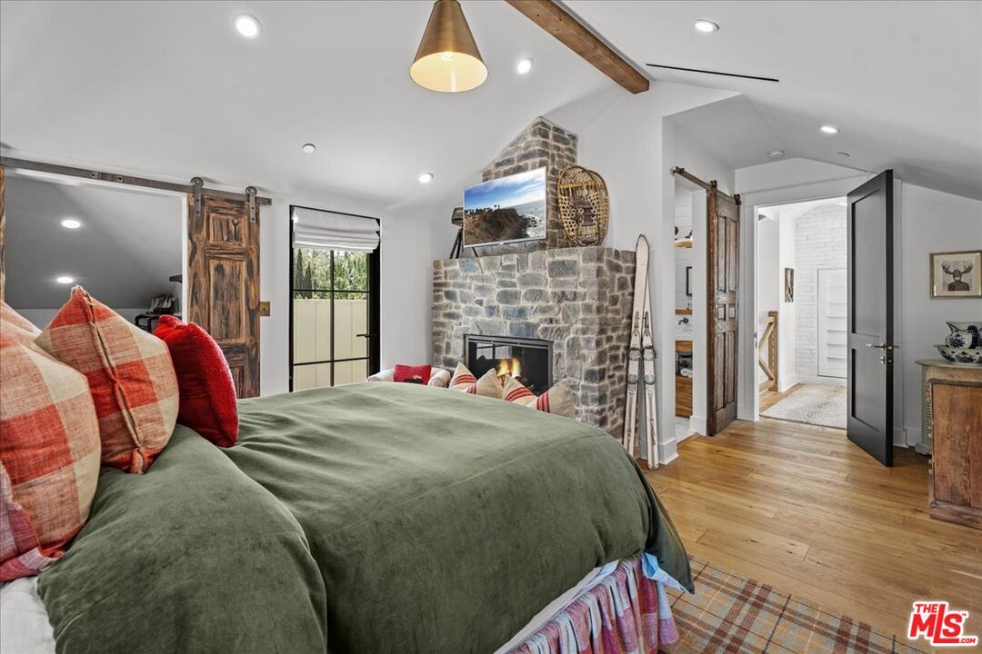 Bedroom, Fireplace, Interior, Recessed Lighting, Wooden Beams, Wood Texture Flooring