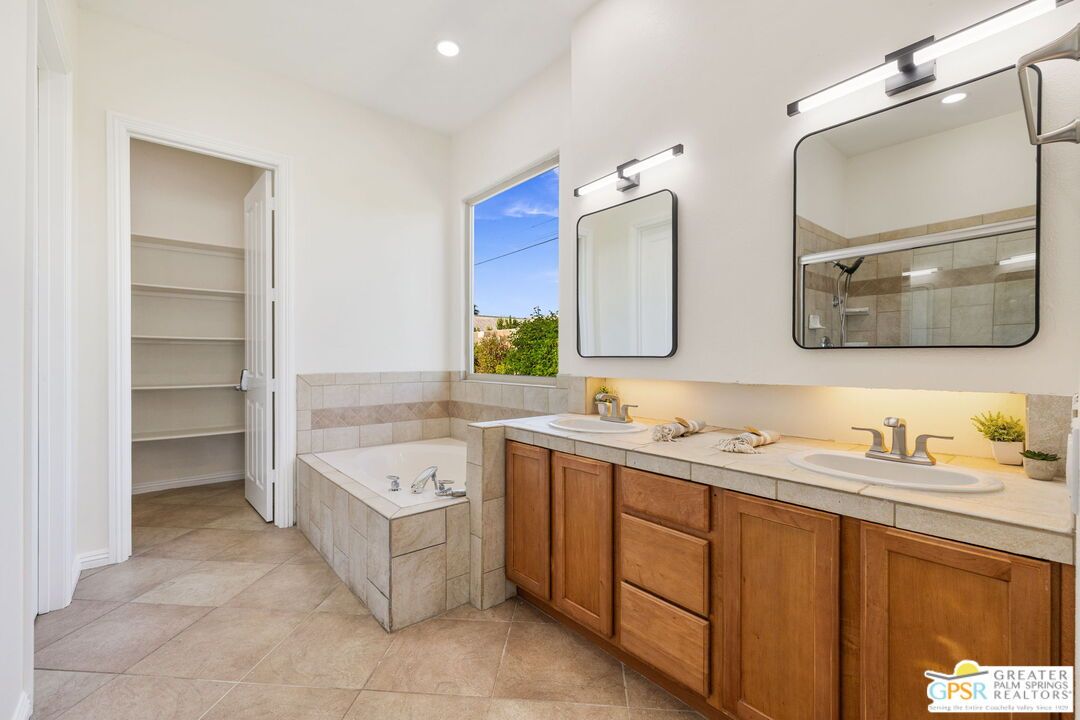 Bathroom, Dual Sink Vanities, Interior, Recessed Lighting, Tile Countertops