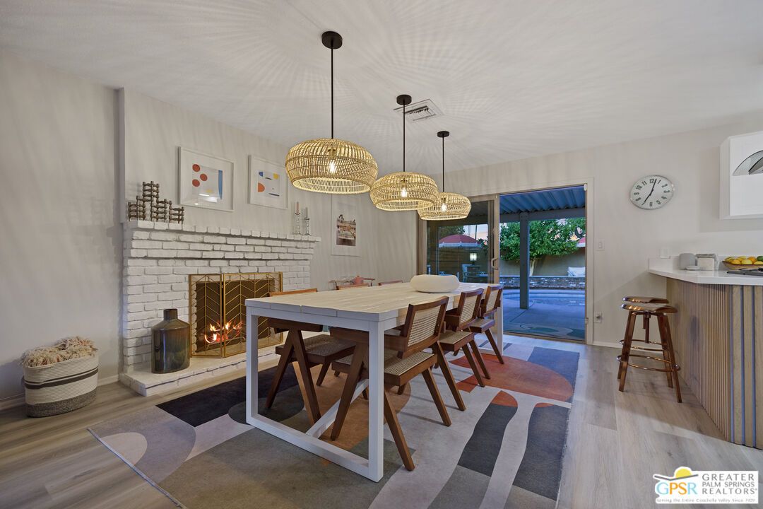 Dining room, Fireplace, Interior, Pendant Lights, Wood Texture Flooring