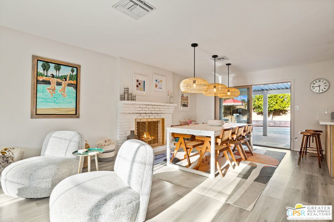 Dining room, Fireplace, Interior, Pendant Lights, Wood Texture Flooring