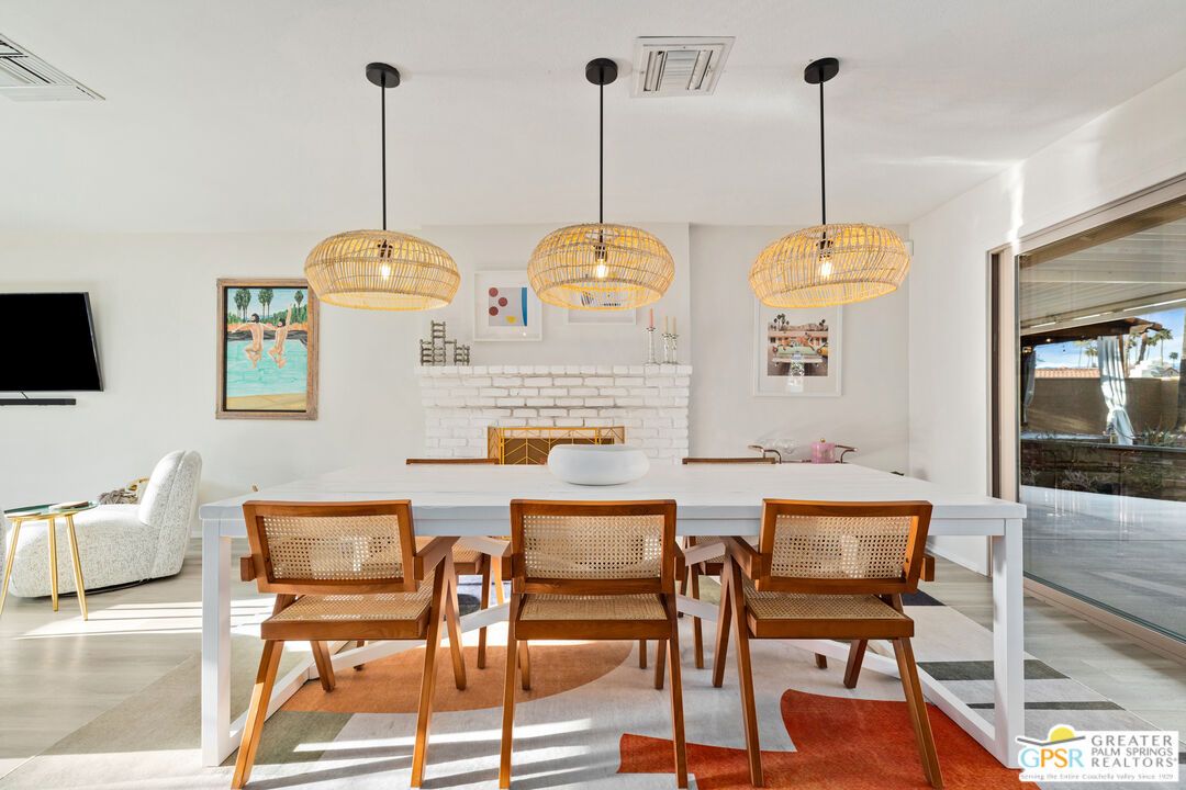Dining room, Fireplace, Interior, Pendant Lights, Wood Texture Flooring