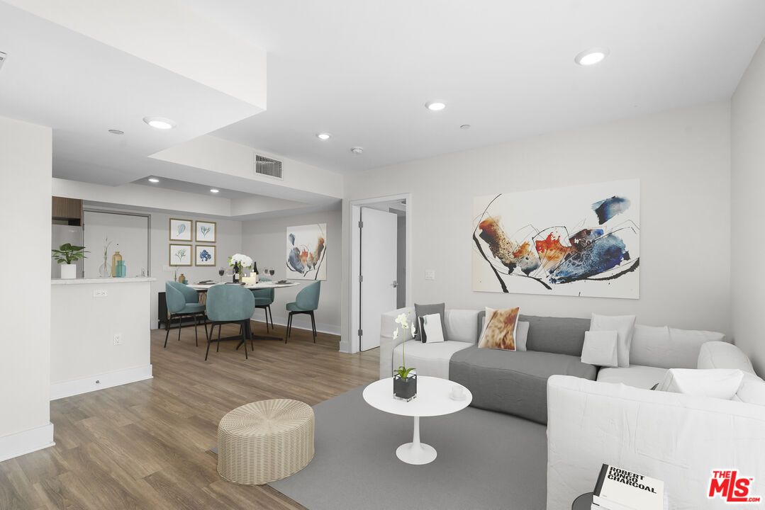 Dining room, Interior, Living room, Recessed Lighting, Wood Texture Flooring