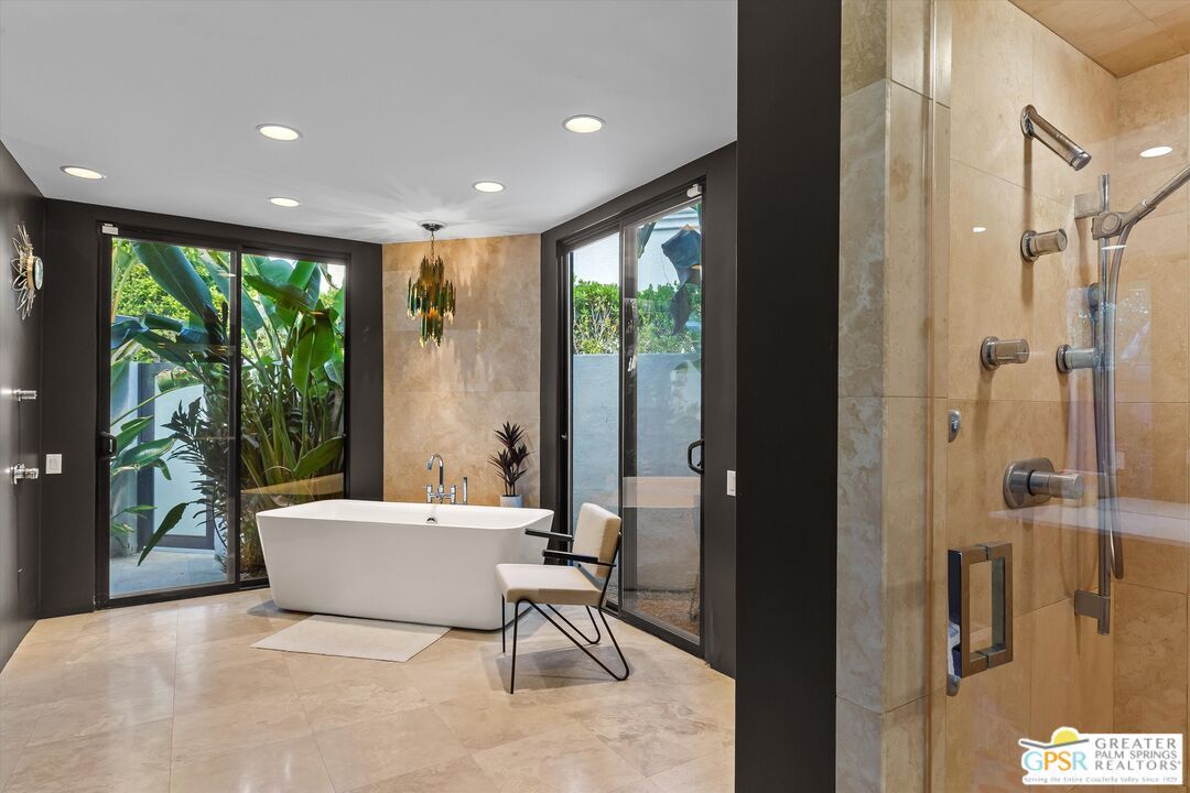 Bathroom, Free Standing Baths, Glass Shower, Interior, Pendant Lights, Recessed Lighting