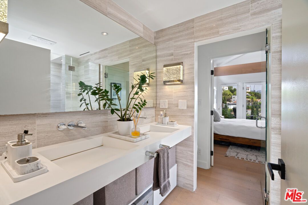 Bathroom, Dual Sink Vanities, Glass Shower, Interior, Recessed Lighting, Wood Texture Flooring
