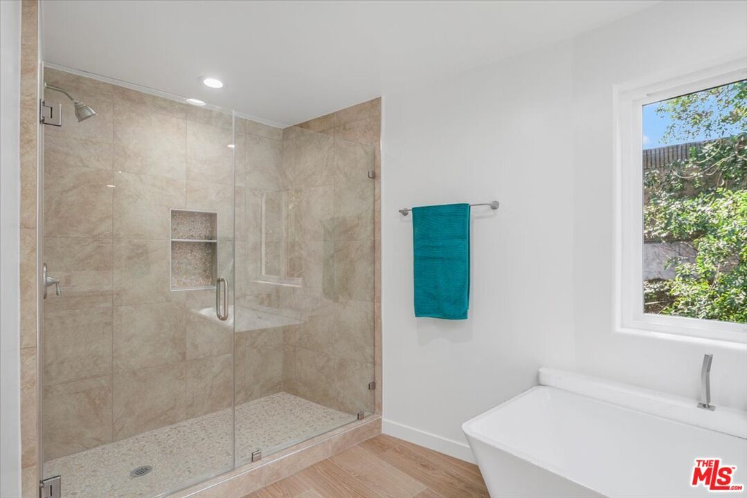 Bathroom, Free Standing Baths, Glass Shower, Interior, Recessed Lighting, Wood Texture Flooring