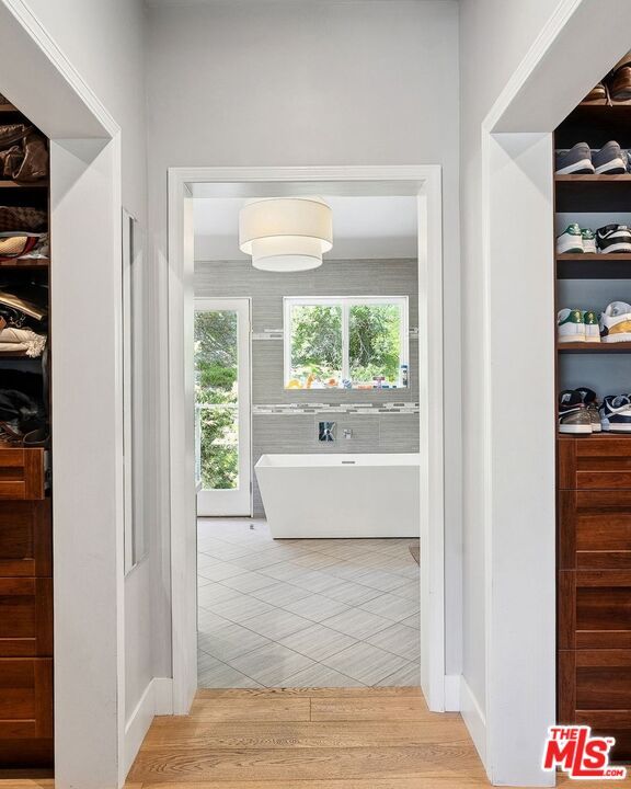 Bathroom, Free Standing Baths, Interior, Pendant Lights, Wood Texture Flooring