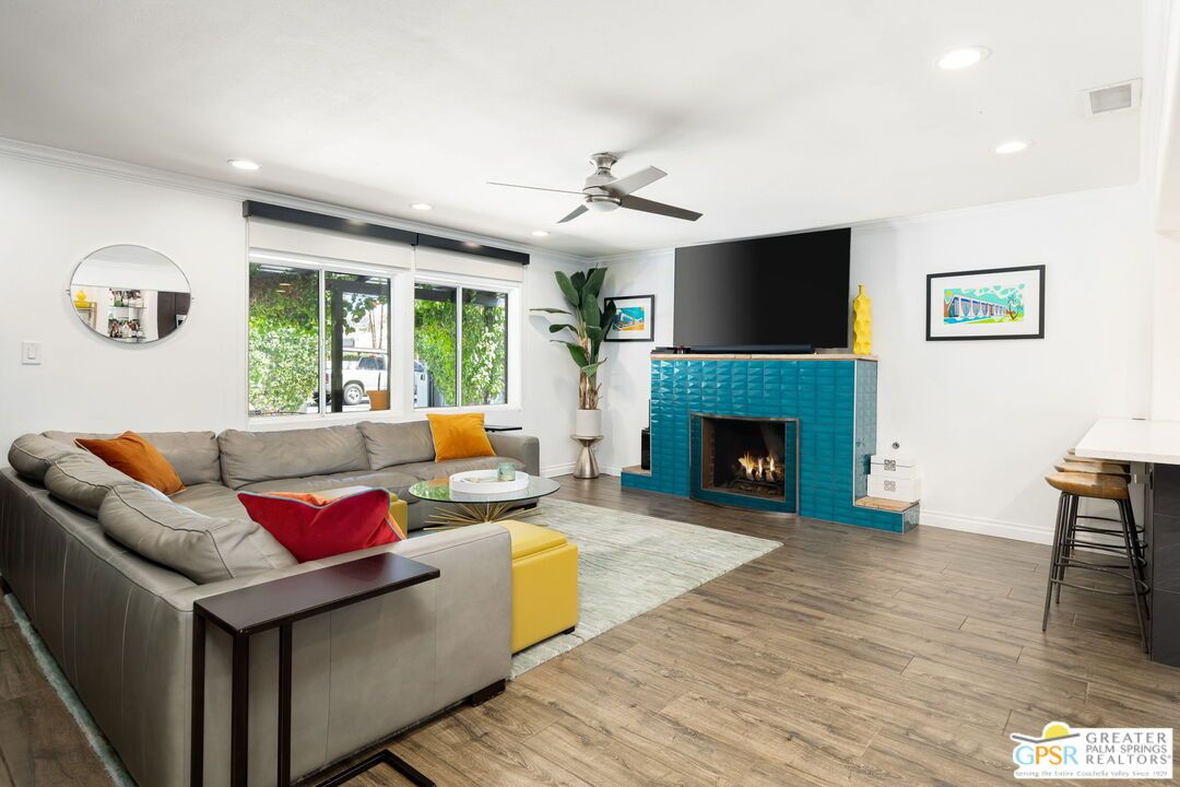 Fireplace, Interior, Living room, Recessed Lighting, Wood Texture Flooring