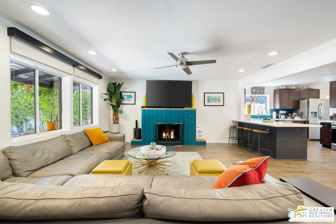 Fireplace, Interior, Kitchen, Living room, Recessed Lighting, Wood Texture Flooring