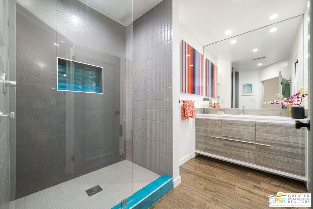 Bathroom, Glass Shower, Interior, Recessed Lighting, Wood Texture Flooring