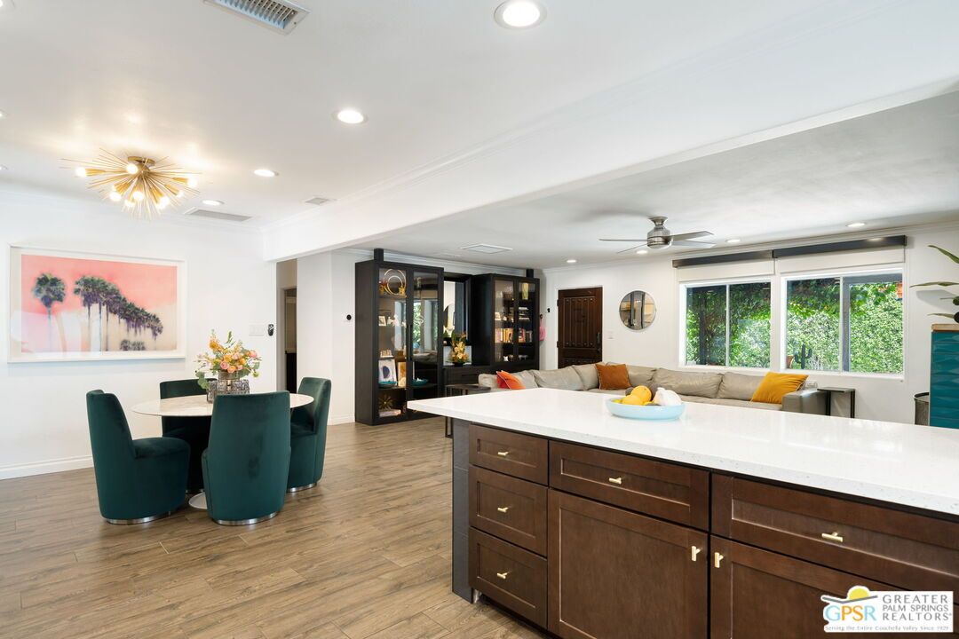 Dining room, Interior, Living room, Recessed Lighting, Wood Texture Flooring