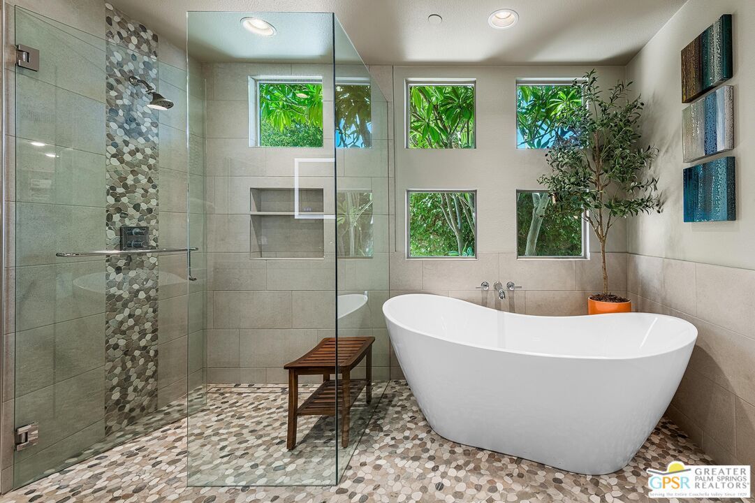 Bathroom, Free Standing Baths, Glass Shower, Interior, Recessed Lighting