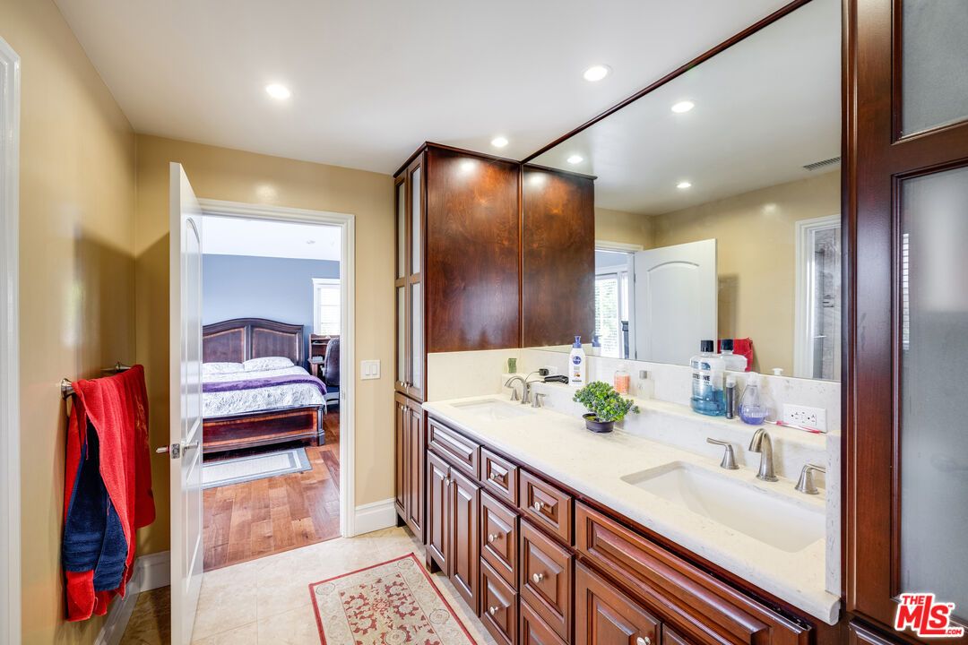 Bathroom, Bedroom, Dual Sink Vanities, Interior, Recessed Lighting, Wood Texture Flooring