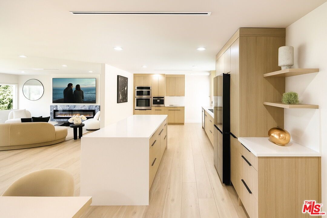 Interior, Kitchen, Living room, Recessed Lighting, Stainless Steel Appliances, Wood Texture Flooring