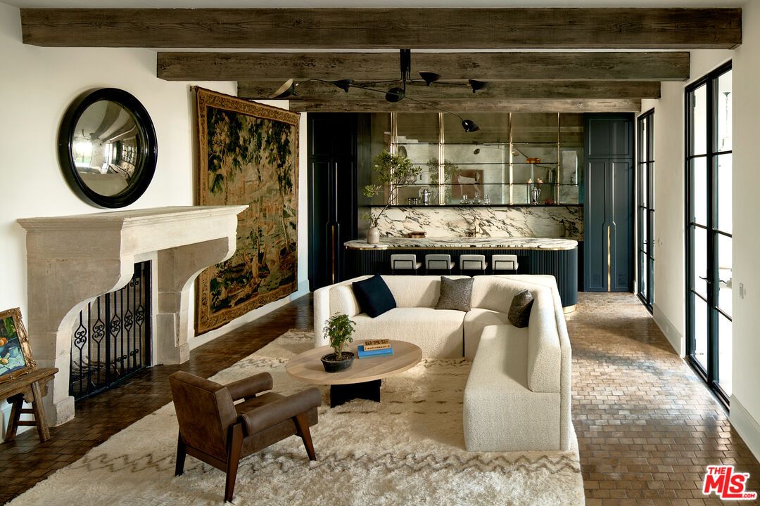 Fireplace, Interior, Living room, Pendant Lights, Wooden Beams, Wood Texture Flooring