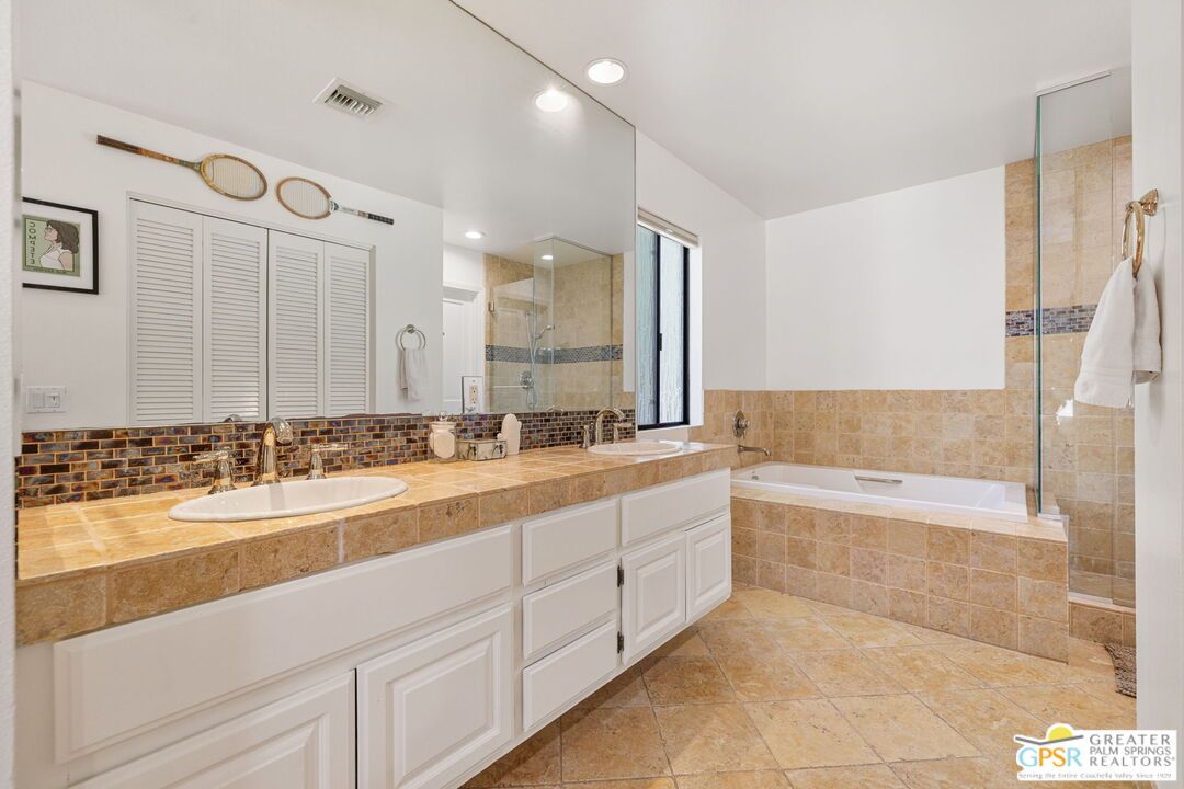 Bathroom, Dual Sink Vanities, Glass Shower, Interior, Recessed Lighting, Tile Countertops