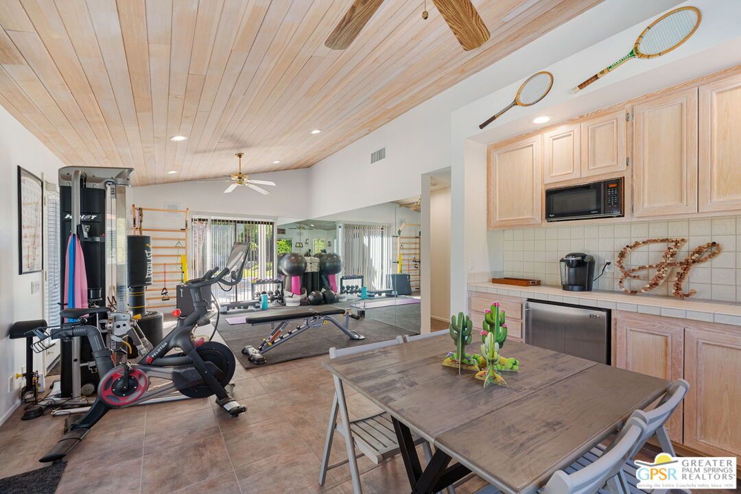 Dining room, Fitness Equipment, Interior, Kitchen, Recessed Lighting, Wooden Ceilings