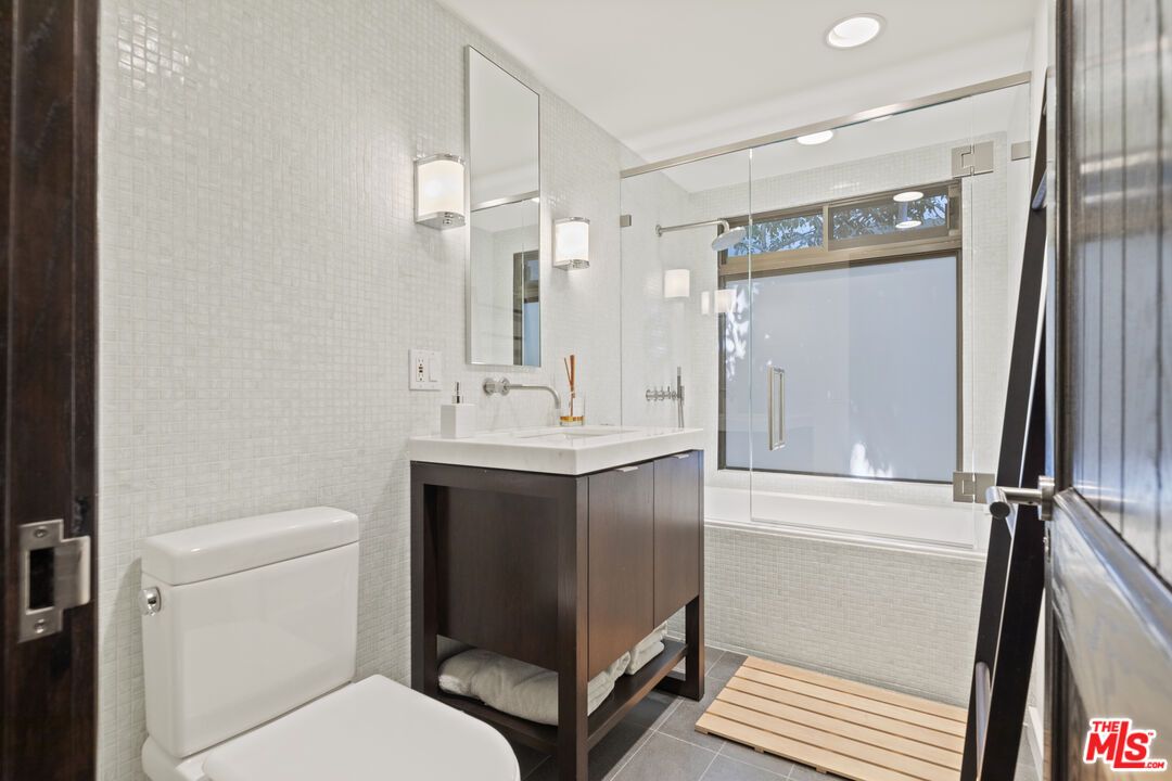 Bathroom, Glass Shower, Interior, Recessed Lighting, Wood Texture Flooring