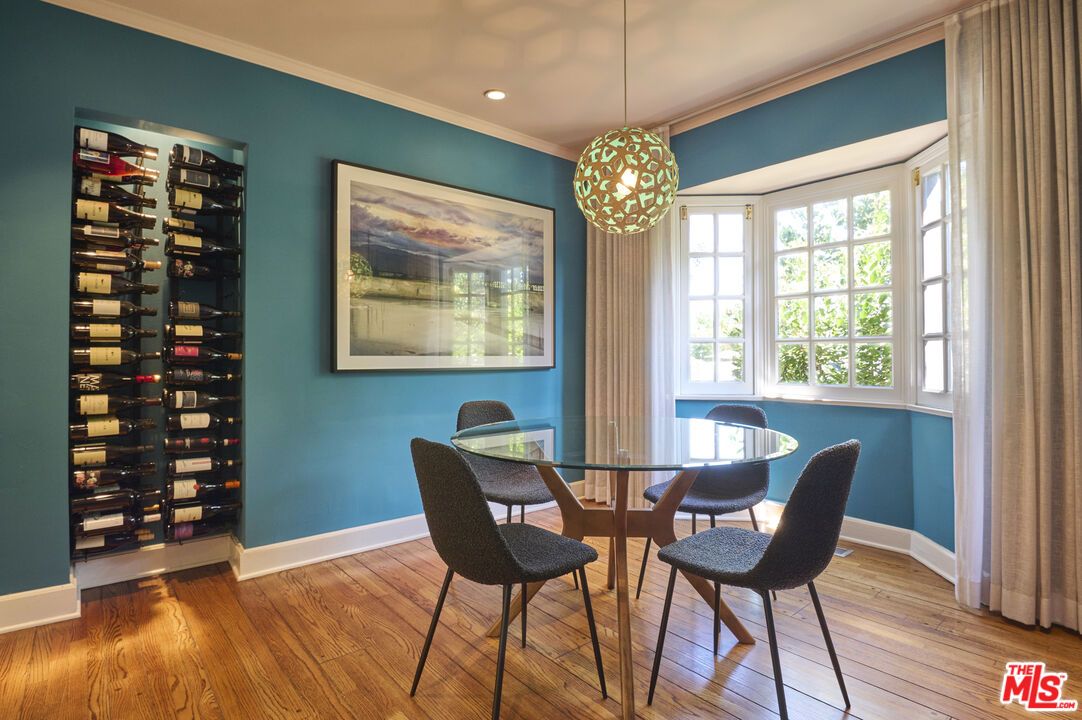Dining room, Interior, Pendant Lights, Recessed Lighting, Wine Storage, Wood Texture Flooring