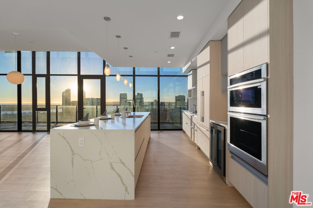 Interior, Kitchen, Pendant Lights, Recessed Lighting, Stainless Steel Appliances, Water, Wood Texture Flooring