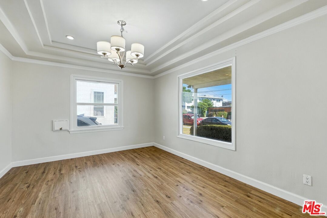 Chandelier, Empty room, Interior, Recessed Lighting, Wood Texture Flooring