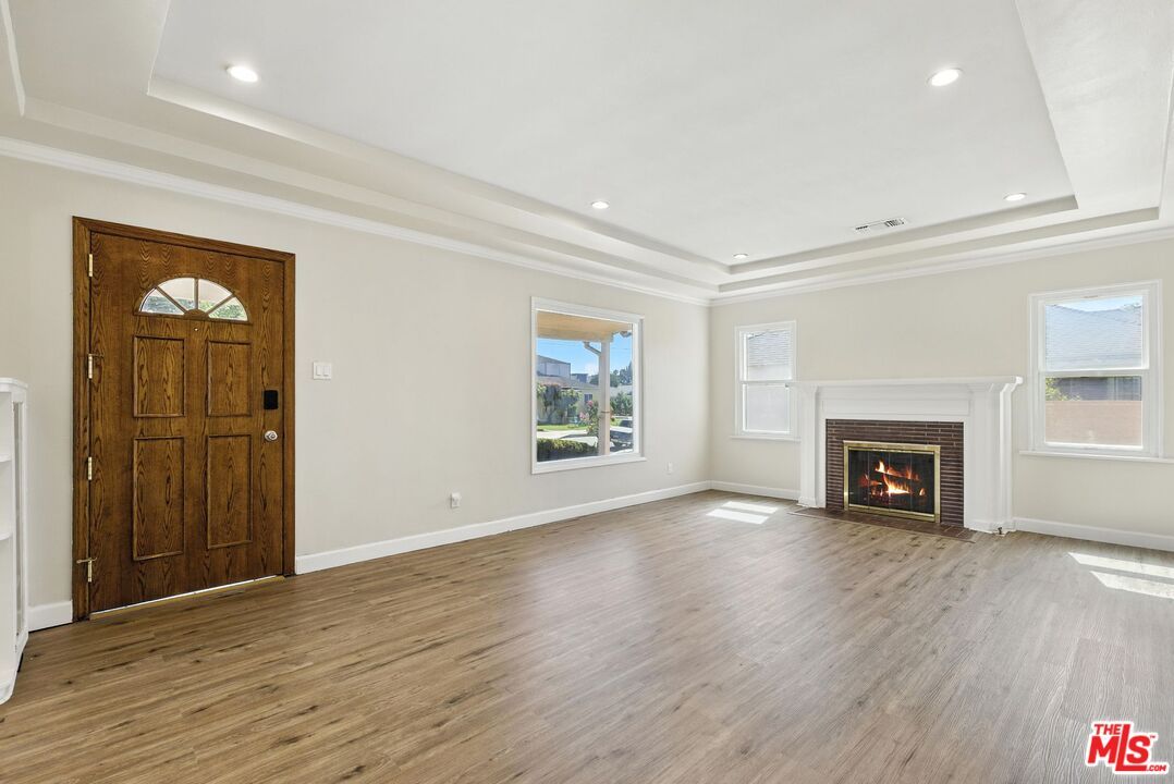 Empty room, Fireplace, Interior, Recessed Lighting, Wood Texture Flooring