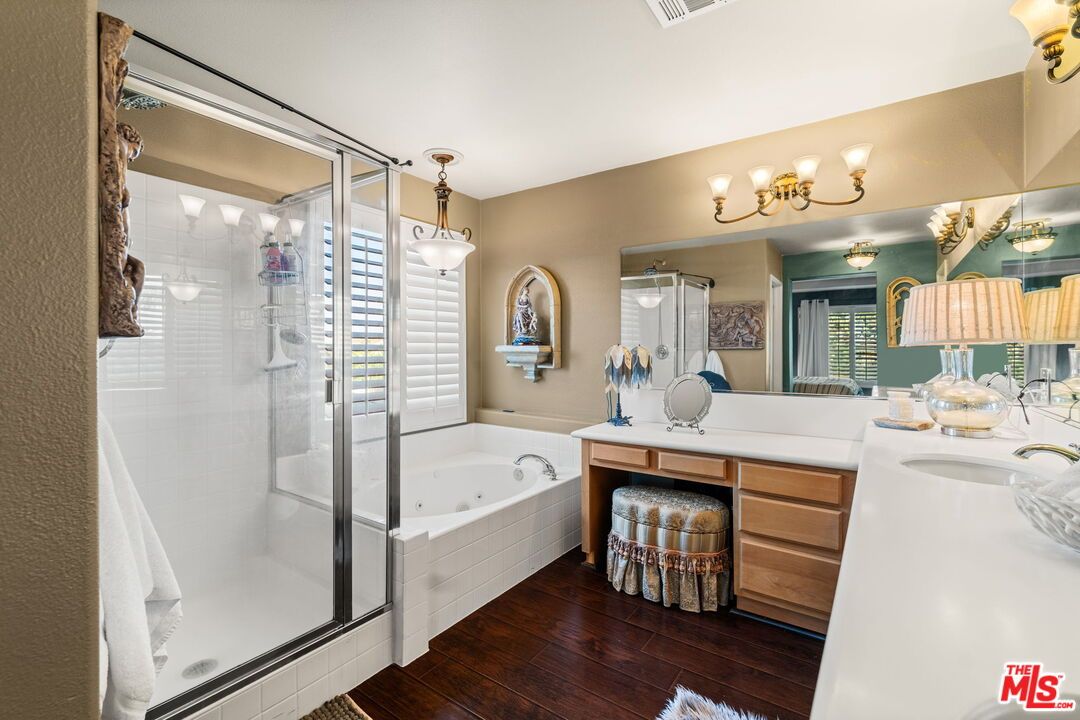 Bathroom, Dual Sink Vanities, Glass Shower, Interior, Wood Texture Flooring