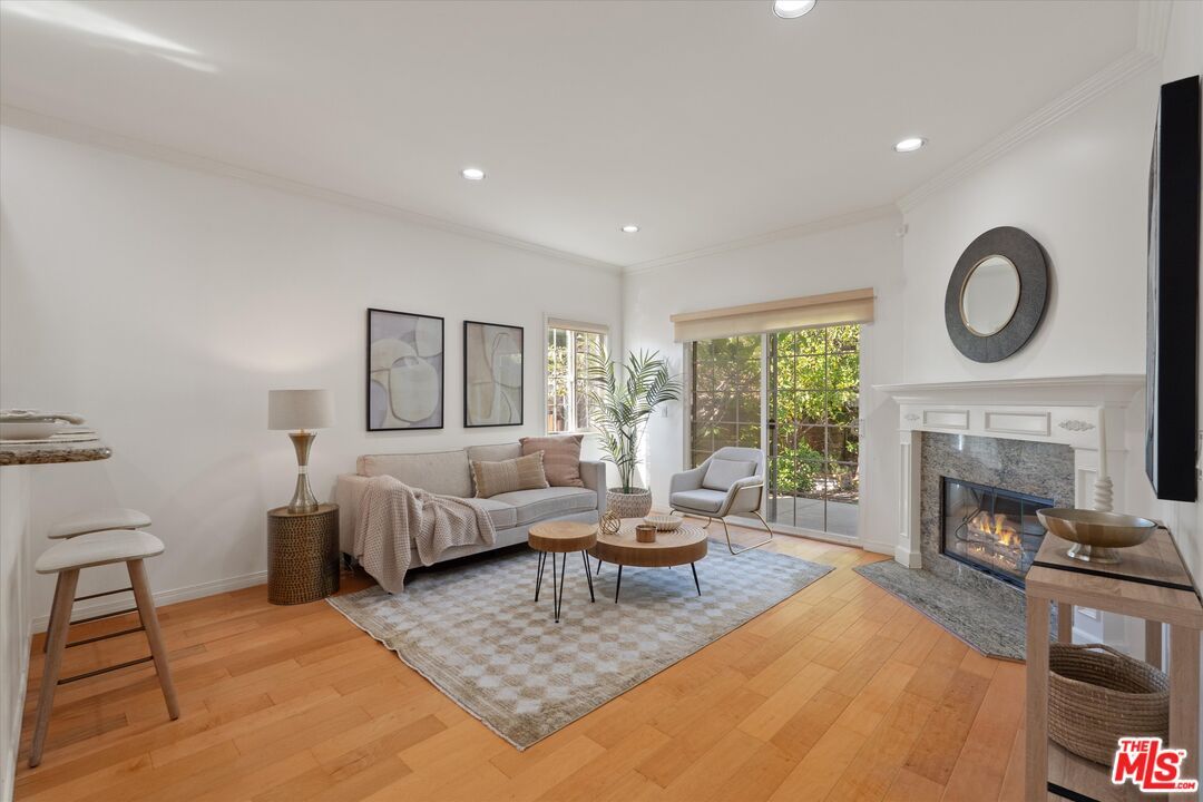 Fireplace, Interior, Living room, Recessed Lighting, Wood Texture Flooring