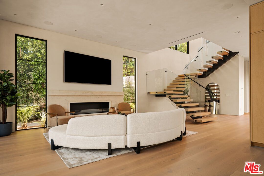 Fireplace, Interior, Living room, Recessed Lighting, Wood Texture Flooring