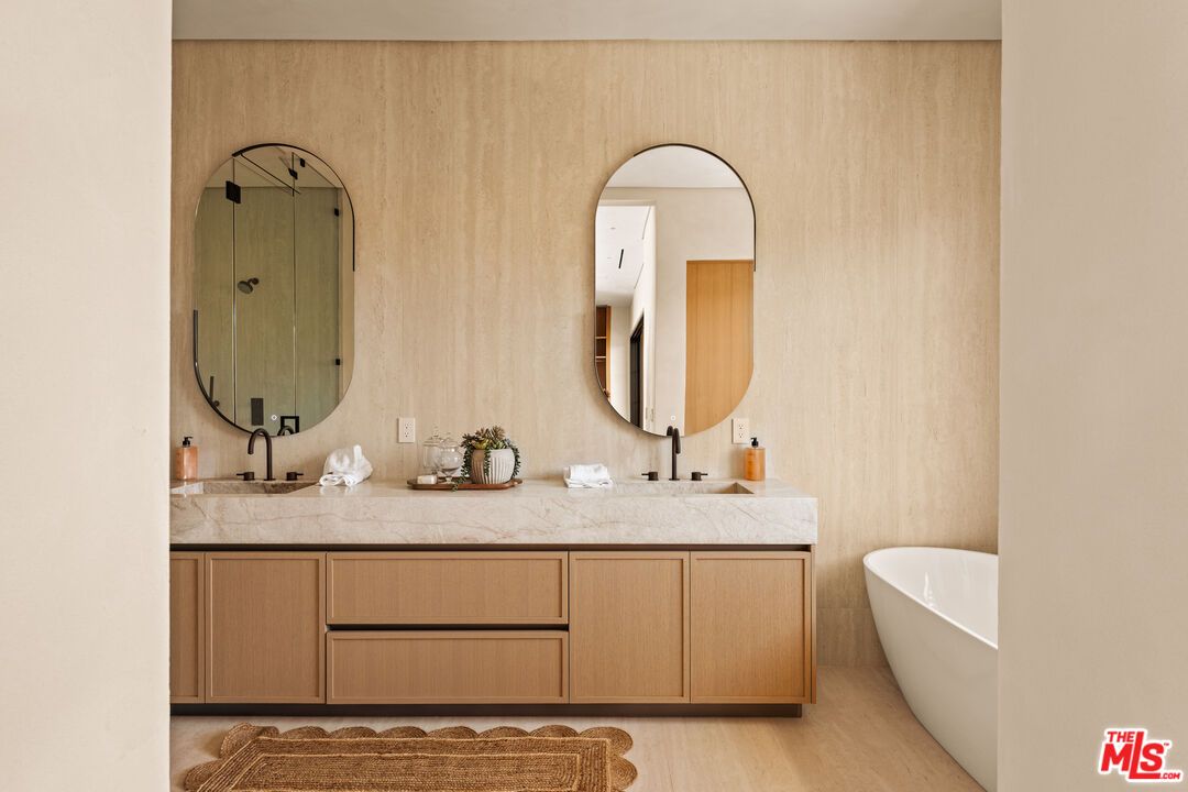 Bathroom, Dual Sink Vanities, Free Standing Baths, Interior, Wood Texture Flooring