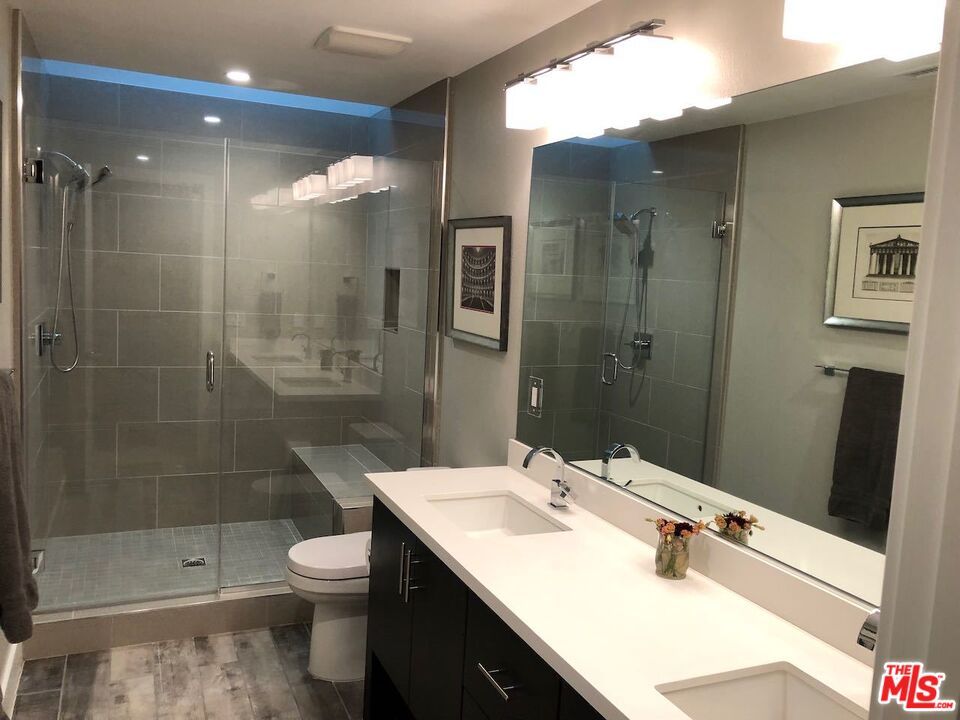 Bathroom, Glass Shower, Interior, Recessed Lighting, Wood Texture Flooring