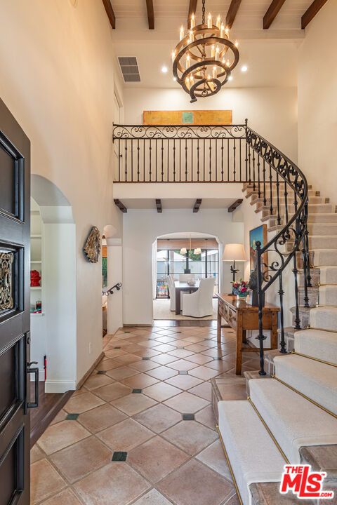 Chandelier, Interior, Recessed Lighting, Wooden Beams