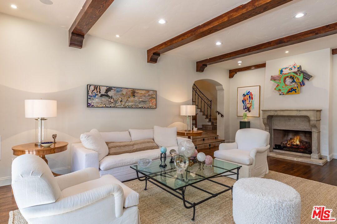 Fireplace, Interior, Living room, Recessed Lighting, Wooden Beams, Wood Texture Flooring