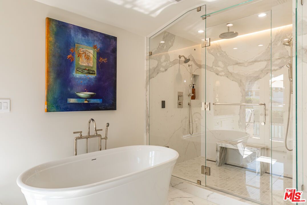 Bathroom, Free Standing Baths, Glass Shower, Interior, Marble, Marble Walls, Recessed Lighting