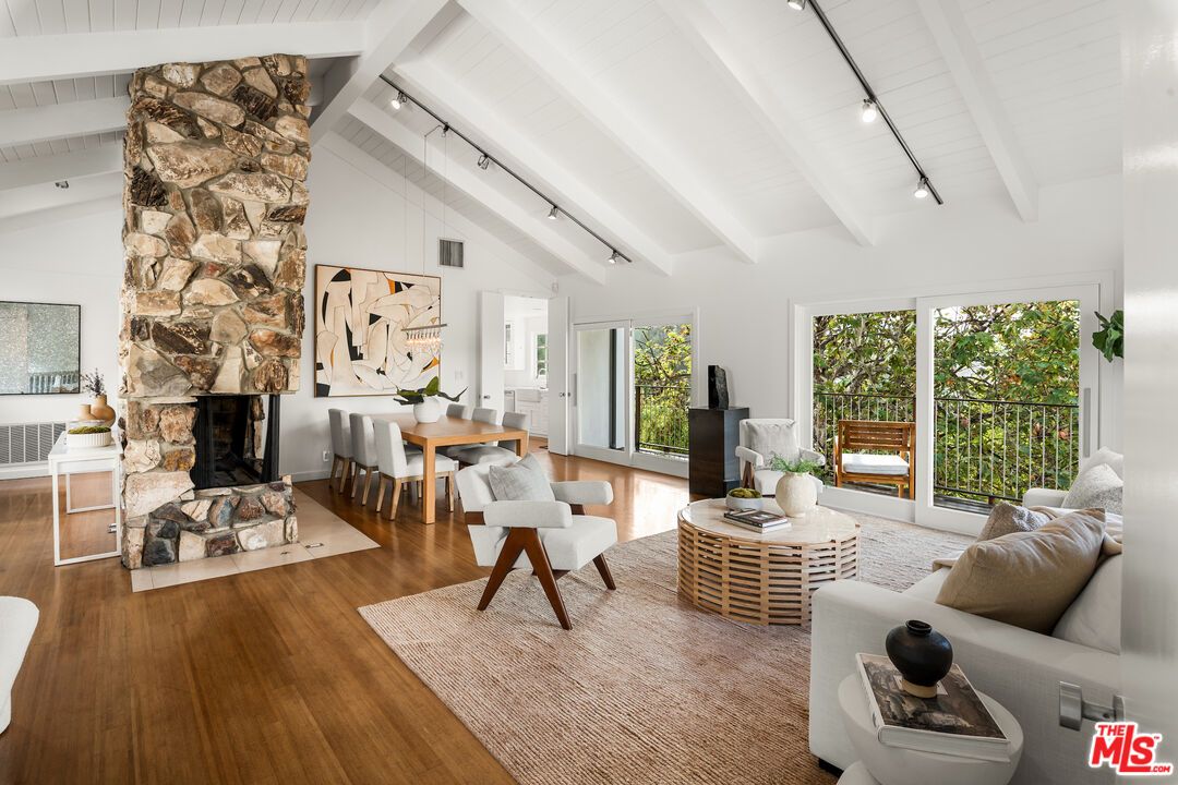 Dining room, Fireplace, Interior, Living room, Stone Walls, Wood Texture Flooring