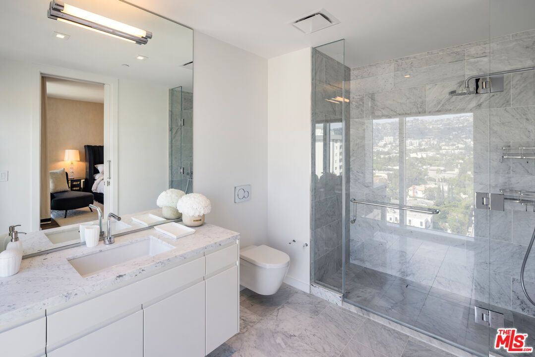 Bathroom, Glass Shower, Interior, Marble, Marble Walls, Recessed Lighting