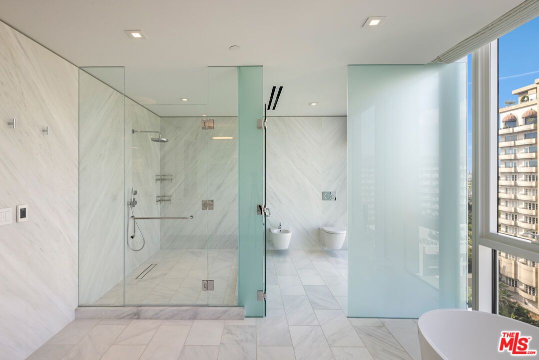 Bathroom, Glass Shower, Interior, Marble, Marble Walls, Recessed Lighting